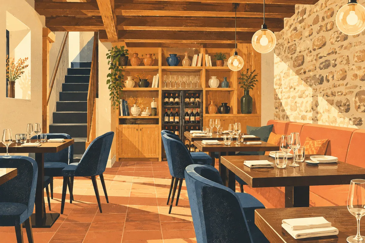 Illustration d’une salle de restaurant aux murs de pierre et banquettes bleues, évoquant Alebrije à la Croix-Rousse