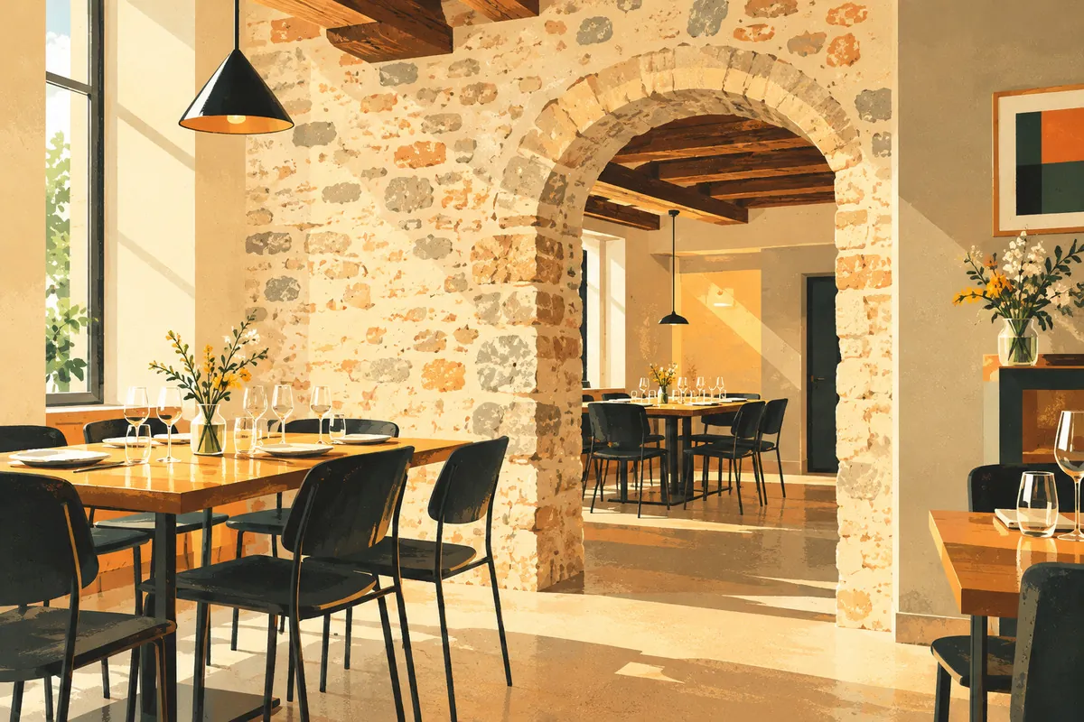 Aromatic, Croix-Rousse Illustration d’une salle voûtée en pierre avec tables en bois, évoquant le restaurant Aromatic à la Croix-Rousse