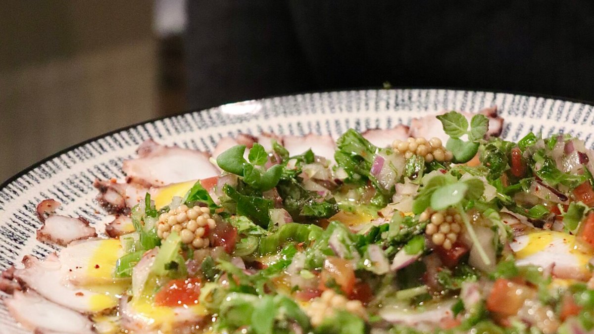 Un carpaccio de poulpe aux herbes, tomates et oignons rouges, servi dans une assiette à motifs au Bistrot Bleuvert, à la Croix-Rousse à Lyon Un carpaccio de poulpe aux herbes, tomates et oignons rouges, servi dans une assiette à motifs au Bistrot Bleuvert, à la Croix-Rousse à Lyon