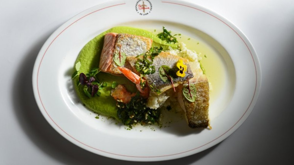 Une assiette de saumon et crevettes sur lit de purée verte, servie à la Brasserie de l’Est, brasserie lyonnaise du quartier des Brotteaux
