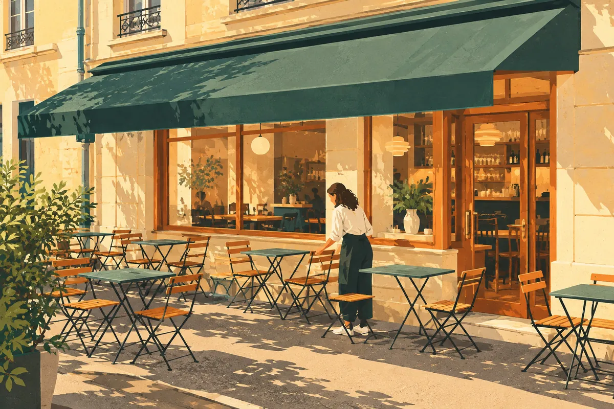 Café Clos Jouve, Croix-Rousse Illustration d’une terrasse de café sous un store vert, évoquant le Café Clos Jouve sur le boulevard de la Croix-Rousse