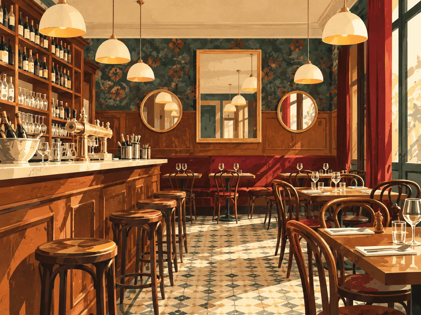 cafe-comptoir-abel-ainay-lyon Illustration du Café Comptoir Abel, vieux bouchon aux boiseries et verre gravé, rue Guynemer, quartier d'Ainay, Lyon 2e