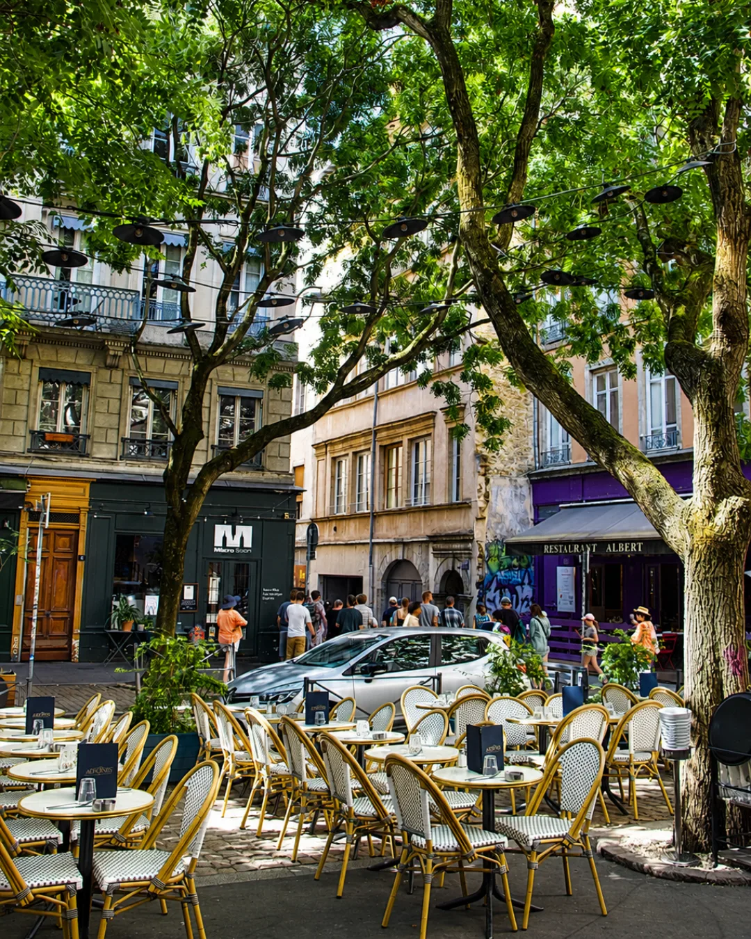 La terrasse du Café des Adjoints sous les platanes de la place Fernand Rey, Lyon 1er