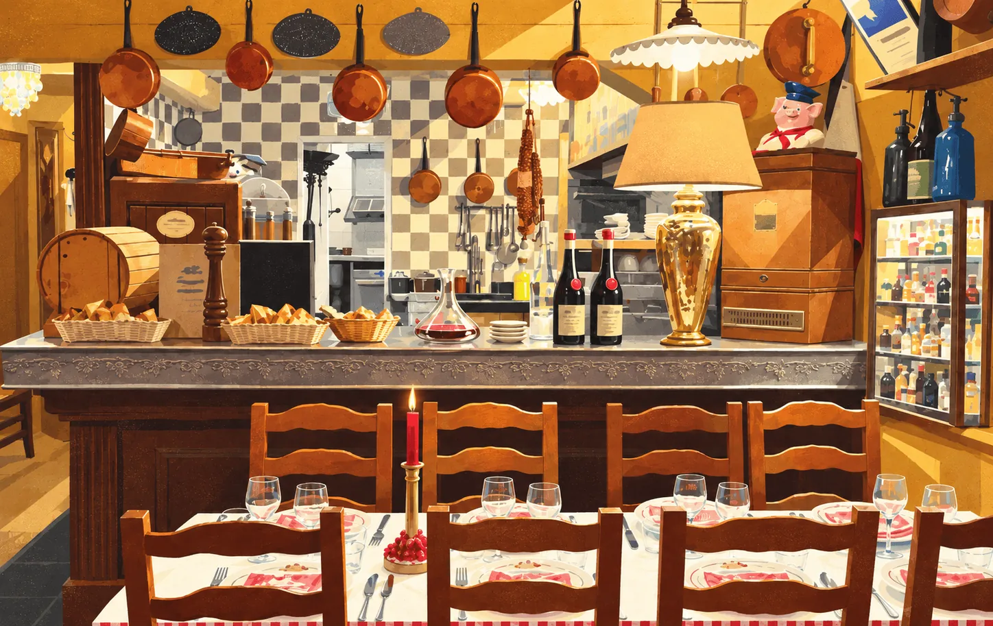cafe-des-federations-lyon Illustration du Café des Fédérations, bouchon aux nappes à carreaux et saucissons suspendus, rue Major-Martin, Lyon 1er