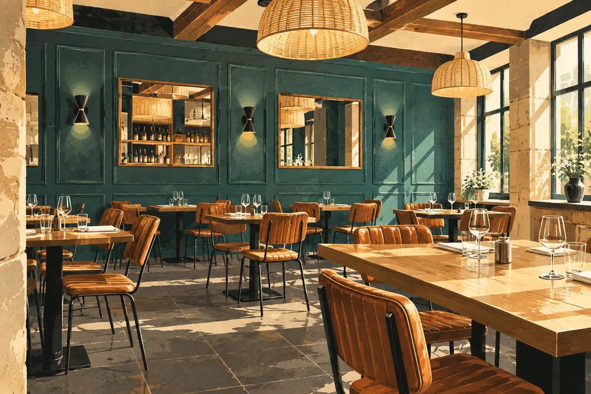 Copper, Croix-Rousse Illustration d’une salle de pub aux murs vert sombre et suspensions en osier, évoquant Copper à la Croix-Rousse