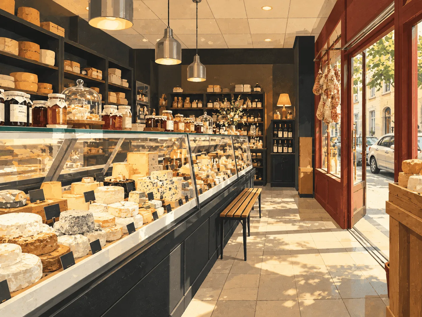 fromagerie-bof-terreaux-lyon Illustration de l'étal de fromages affinés de la Fromagerie B.O.F, rue Hippolyte-Flandrin près des Terreaux, Lyon 1er