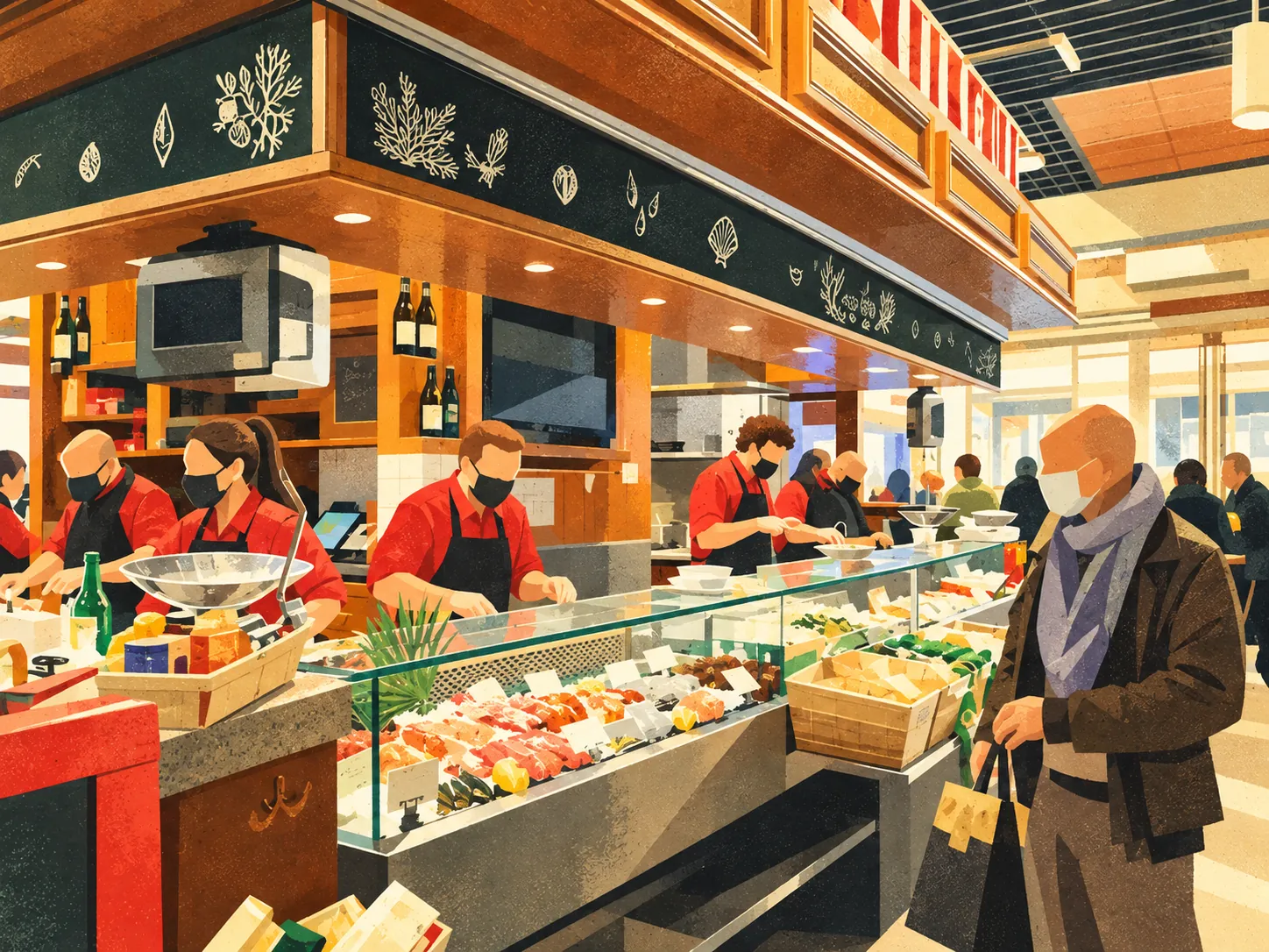 Illustration des Halles de Lyon Paul Bocuse, comptoir d'écailler et étals, cours Lafayette, Part-Dieu, Lyon 3e