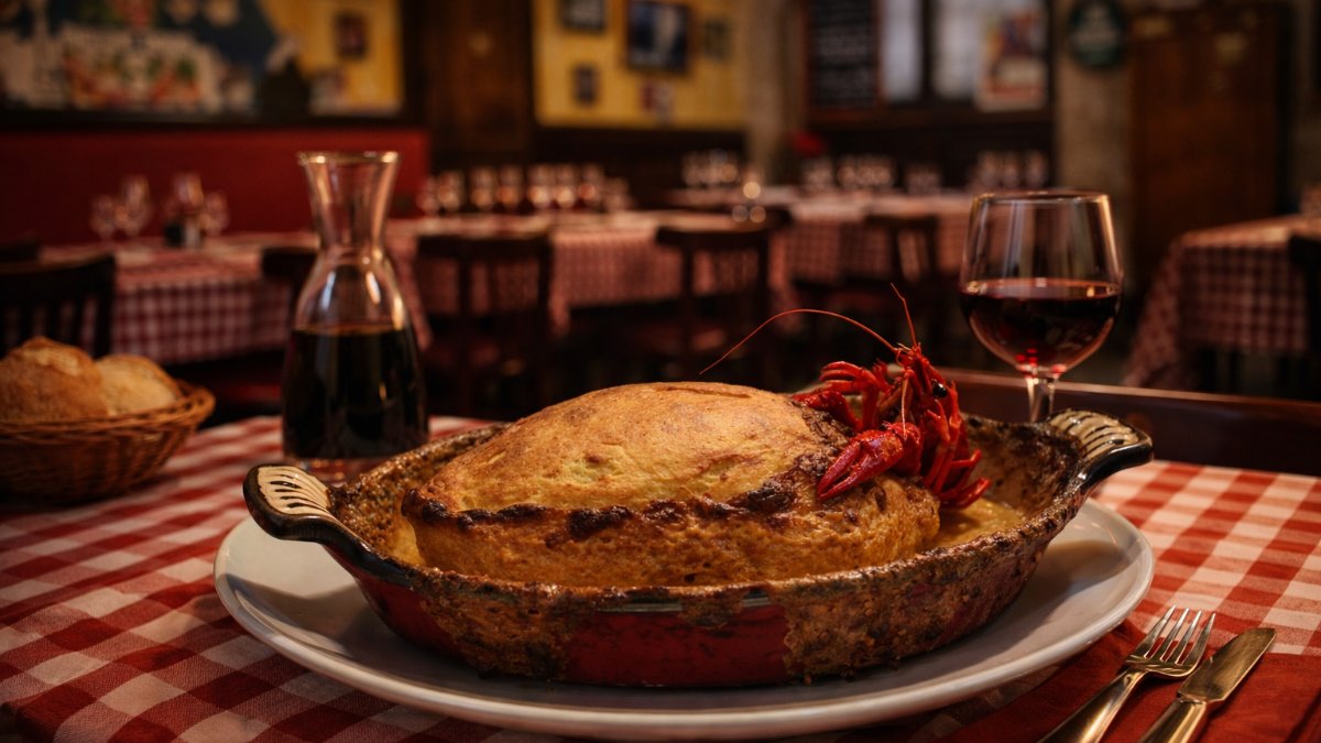 Une quenelle de brochet servie dans un plat, sur une table à nappe à carreaux rouges, à La Tête de Lard à Lyon Une quenelle de brochet servie dans un plat, sur une table à nappe à carreaux rouges, à La Tête de Lard à Lyon