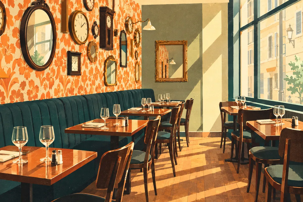 Le Canut et les Gones, Croix-Rousse Illustration d’un bistrot aux murs couverts d’horloges et de miroirs, évoquant Le Canut et les Gones