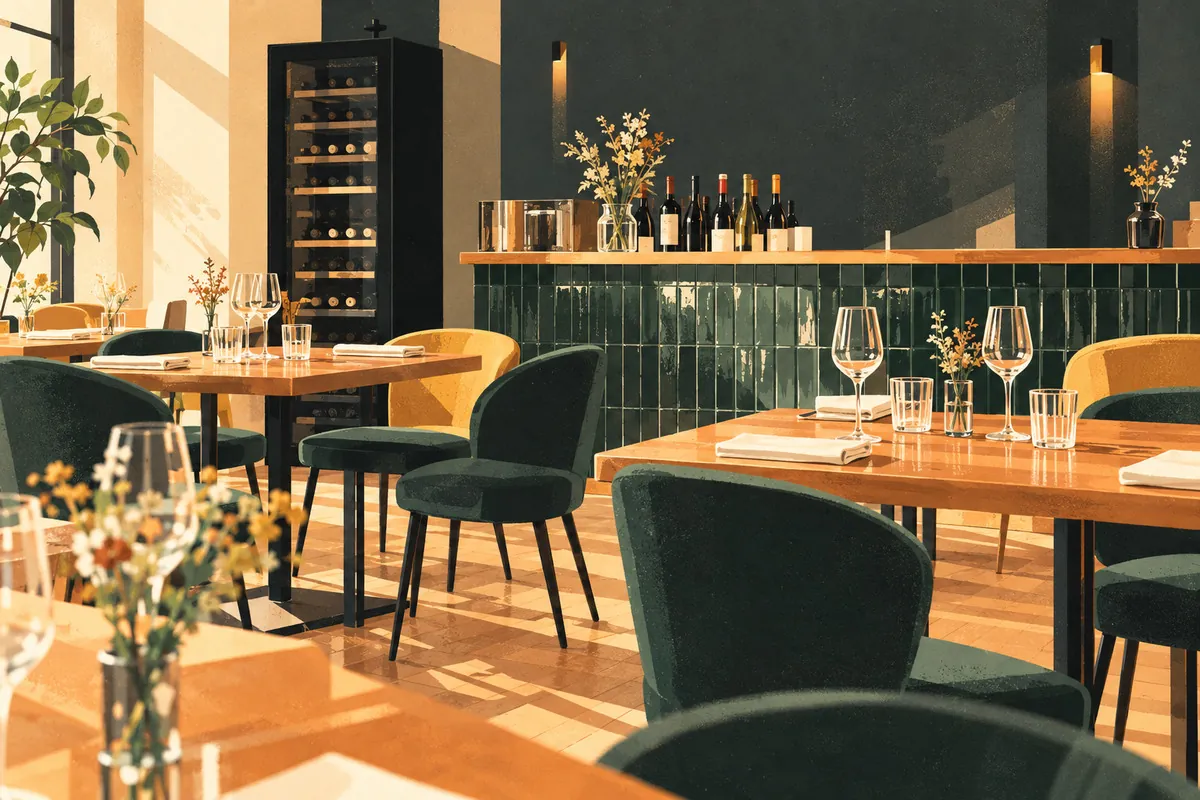 Illustration d’un bar à vins avec comptoir carrelé vert et fauteuils en velours, évoquant Le Limonadier