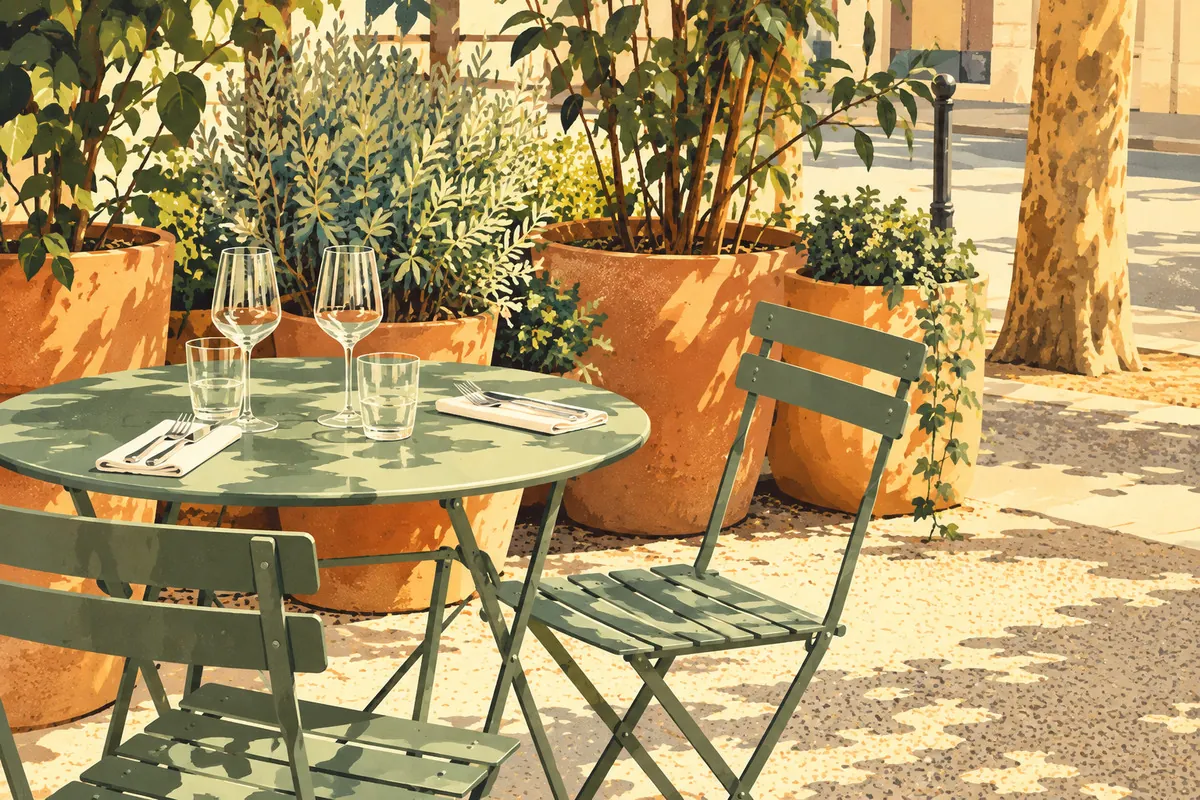 Les Boulistes, Croix-Rousse Illustration d’une terrasse ombragée avec tables de bistrot et plantes, évoquant Les Boulistes place Tabareau