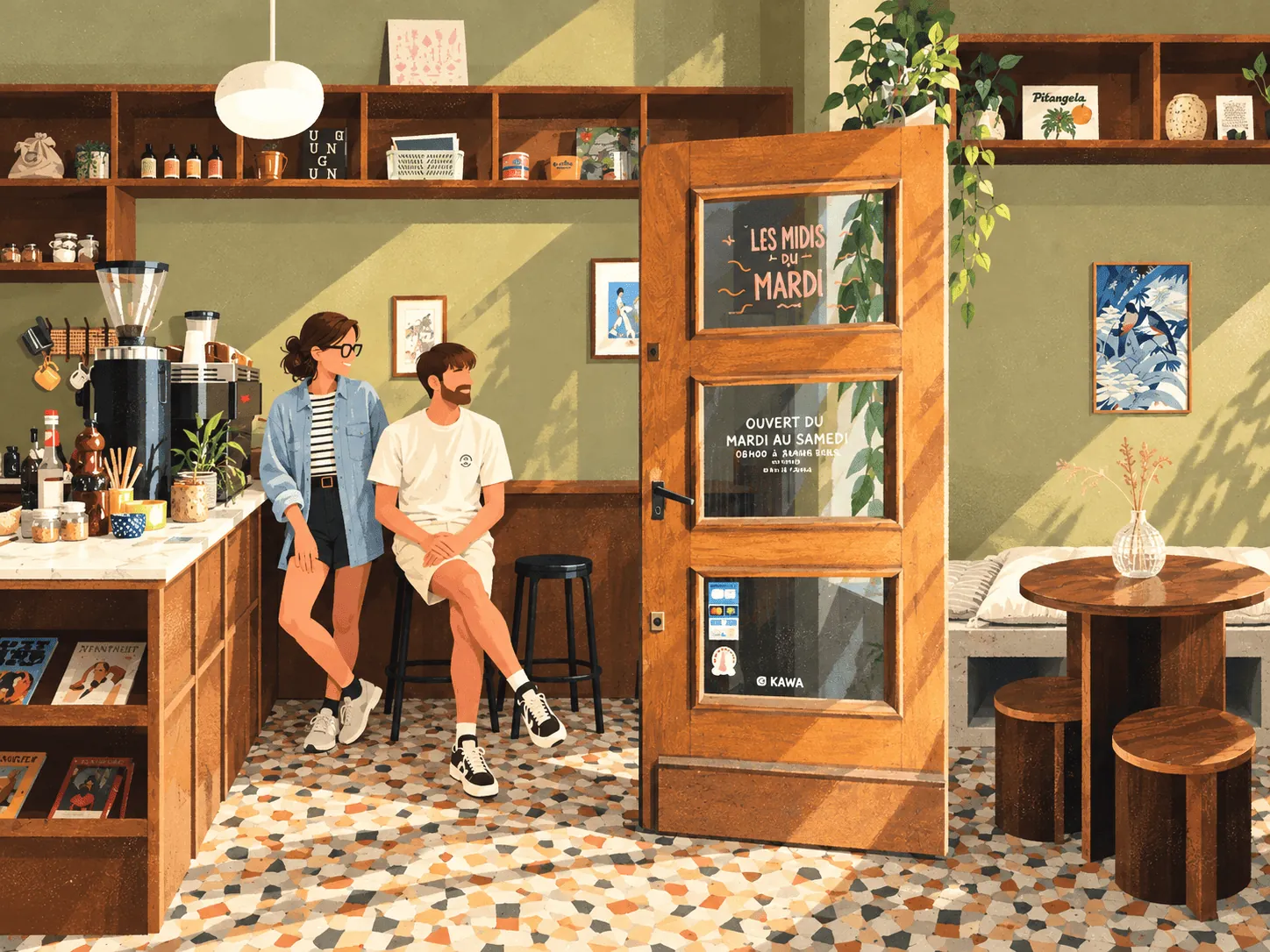 magma-coffee-shop-lyon-7 Illustration du comptoir et du sol en mosaïque du coffee shop Magma, rue Béchevelin près de Jean-Macé, Lyon 7e