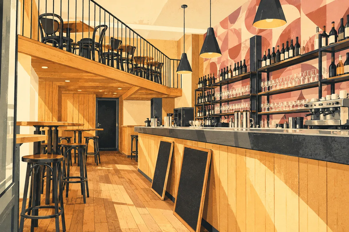Illustration d’un restaurant avec mezzanine et comptoir en bois clair, évoquant Marie T sur les pentes de la Croix-Rousse