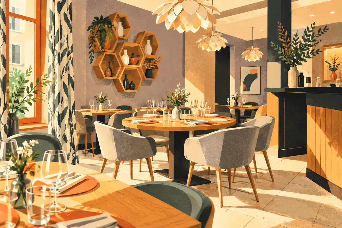 Opaline, Croix-Rousse Illustration d’une salle contemporaine aux suspensions dorées, évoquant le restaurant Opaline à la Croix-Rousse