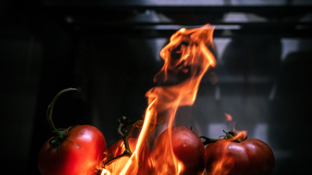 Des tomates rôties à la flamme, signature de la cuisine au feu de Regain à Lyon Des tomates rôties à la flamme, signature de la cuisine au feu de Regain à Lyon