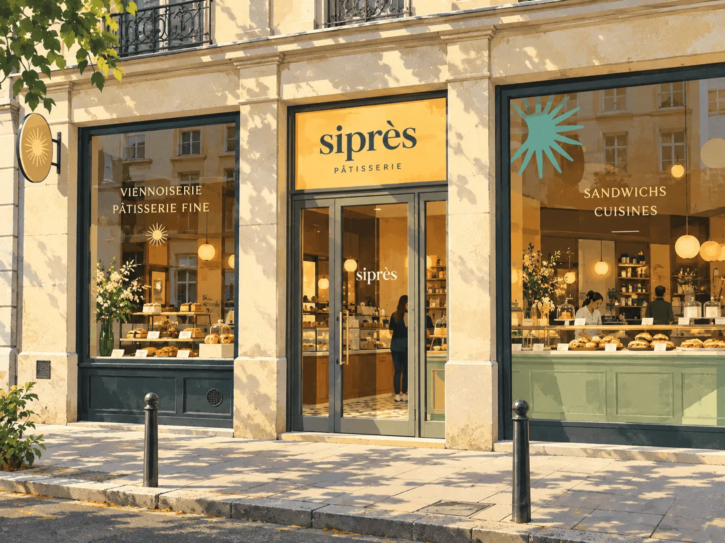sipres-patisserie-lyon-7 Illustration de la vitrine de Siprès Pâtisserie avec Mocaccino, flan et tarte praline, rue de Marseille, Lyon 7e