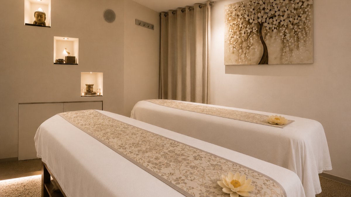 Une cabine de massage en duo avec deux tables recouvertes de linge blanc, sous un tableau d’arbre en fleurs, au Thai Harmony Spa à Lyon Une cabine de massage en duo avec deux tables recouvertes de linge blanc, sous un tableau d’arbre en fleurs, au Thai Harmony Spa à Lyon