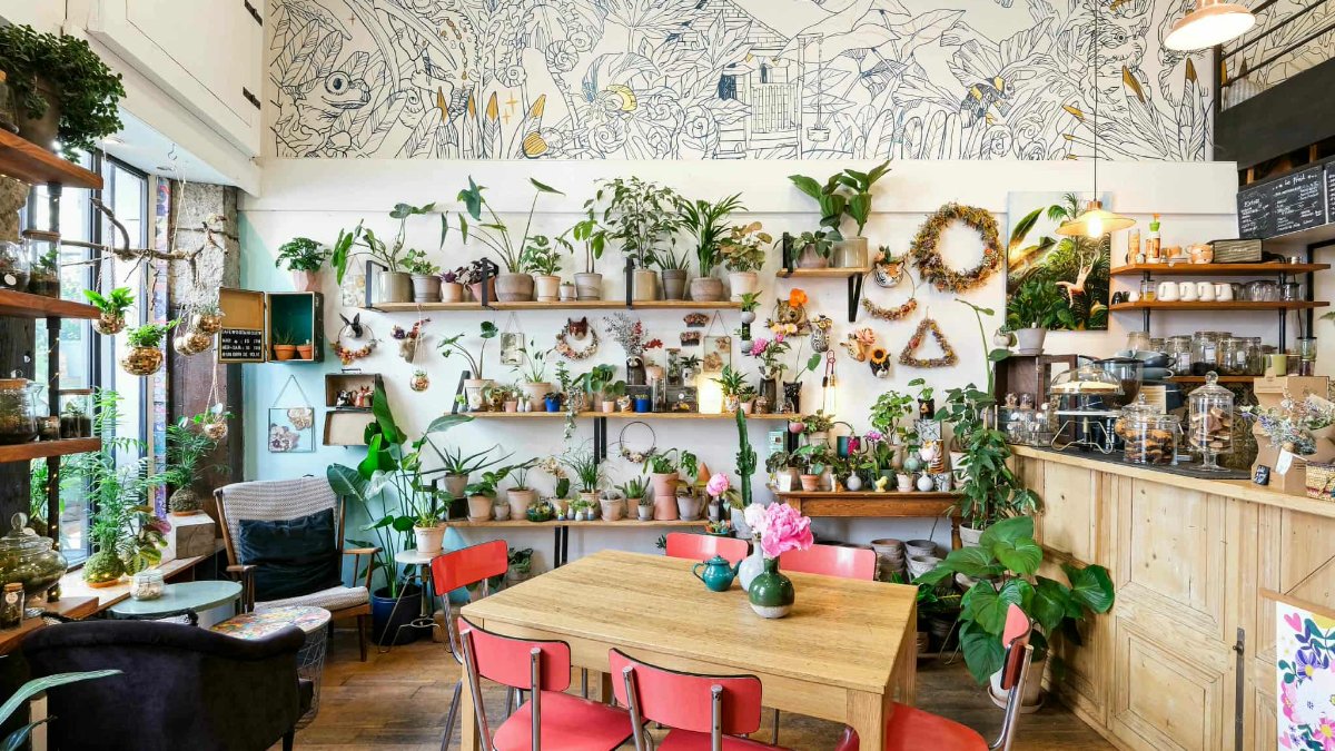 Le café-fleuriste Un Brin de Folie, avec ses étagères de plantes, ses tables en bois clair et ses chaises rouges, à Lyon